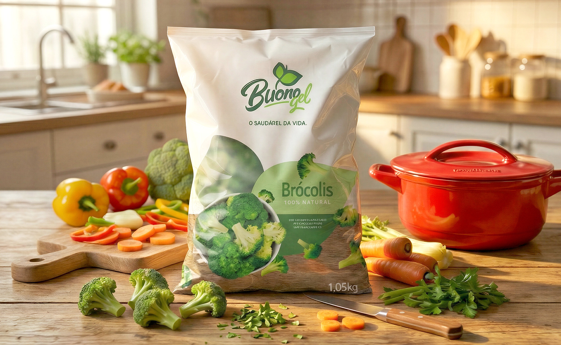 Design de embalagem de brócolis congelado para a linha de alimentos destinado ao varejo. 